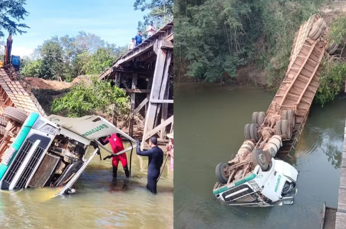 Motorista morre após carreta que transportava gado cair de ponte em Mato Grosso