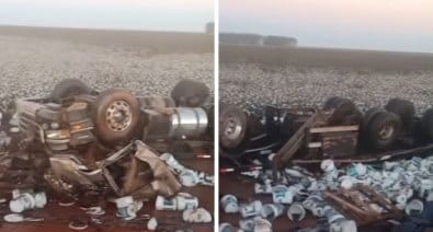 Motorista morre após caminhão carregado com fertilizantes tombar na BR-364