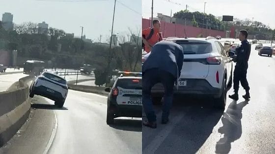 Servidor passa mal ao volante e fica com carro sobre mureta de viaduto em Cuiabá