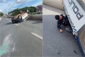 Viatura capota em ponte após desviar de motociclista e evitar atropelamento