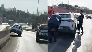 Servidor passa mal ao volante e fica com carro sobre mureta de viaduto em Cuiabá