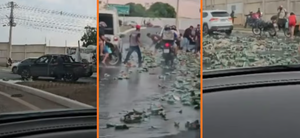 Caminhão tomba e espalha carga de Heineken na entrada do Tijucal